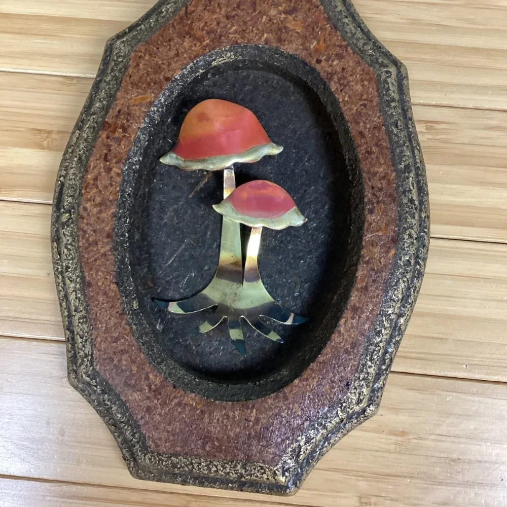 Metal Leaf & Mushroom Wooden Framed Wall Hanging